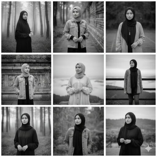 30 Prompt Gemini AI Wanita Berhijab Hitam Putih