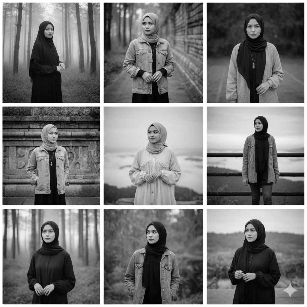 30 Prompt Gemini AI Wanita Berhijab Hitam Putih